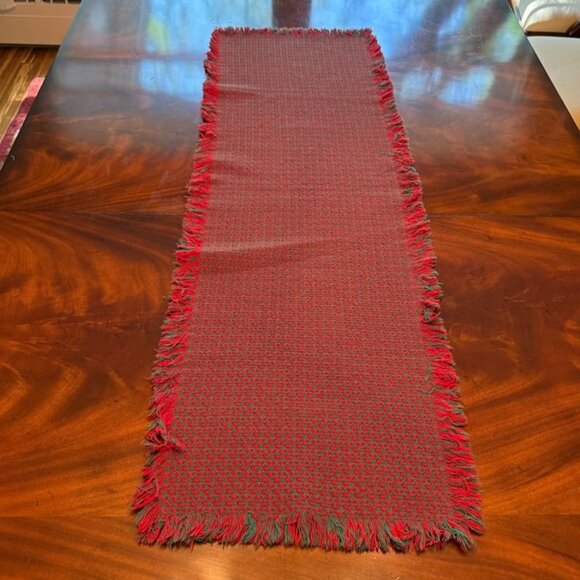 Vintage Original Homespun Weavers Christmas Table Runner Red Fringe 47" X 16" - Picture 6 of 9